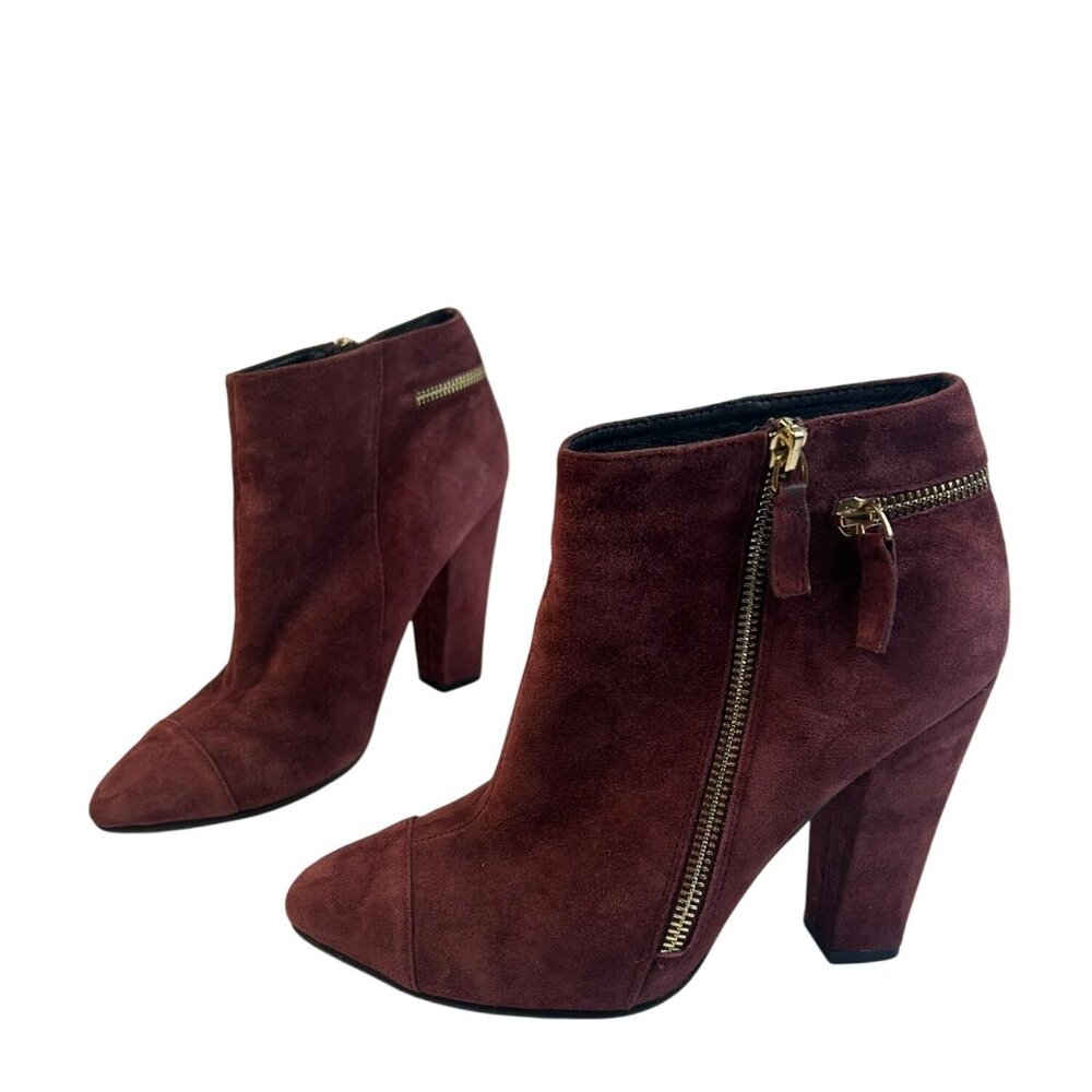 Aldo Heel Ankle Bootie Women Size 8 Burgundy Suede High Block Heel Zip Shoe